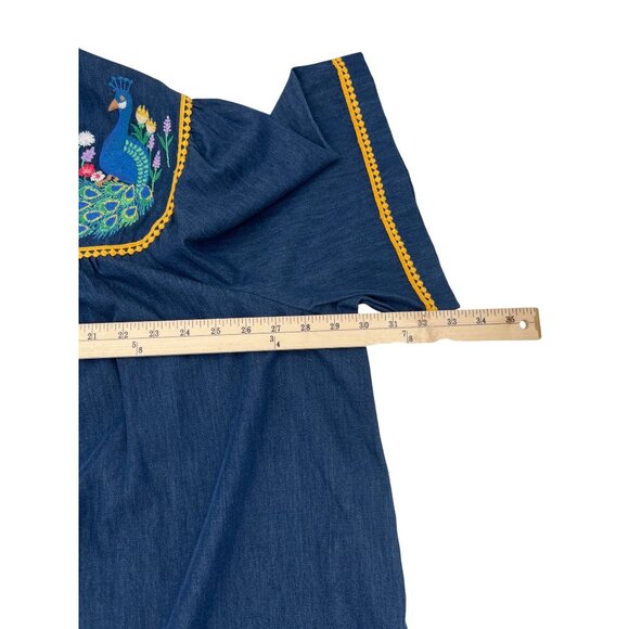 Go Softly Women's Denim Patio Dress 3X Peacock Embroidery Mumu Short Sleeve - Picture 5 of 7